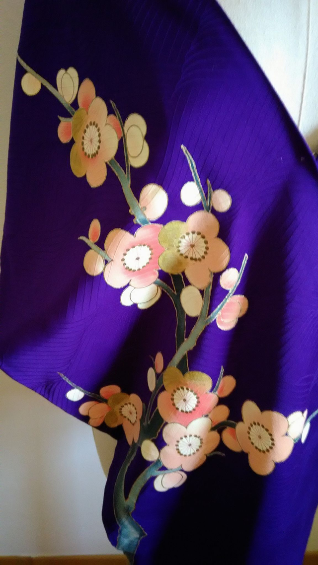 Violet Color, Court Carriage and Plum Flower Tree Pattern Silk Japanese Shawl, Silk Skirf, Wedding Shawl, Party Shawl