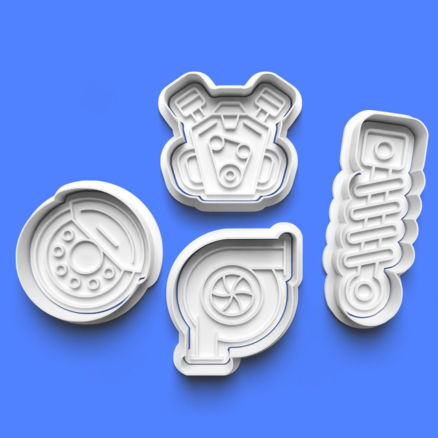 Mechanic Car Parts Cookie Cutter Embosser Set of 4 Cutters &amp; Stamps Biscuit Mould Debossed Sugar Biscuits