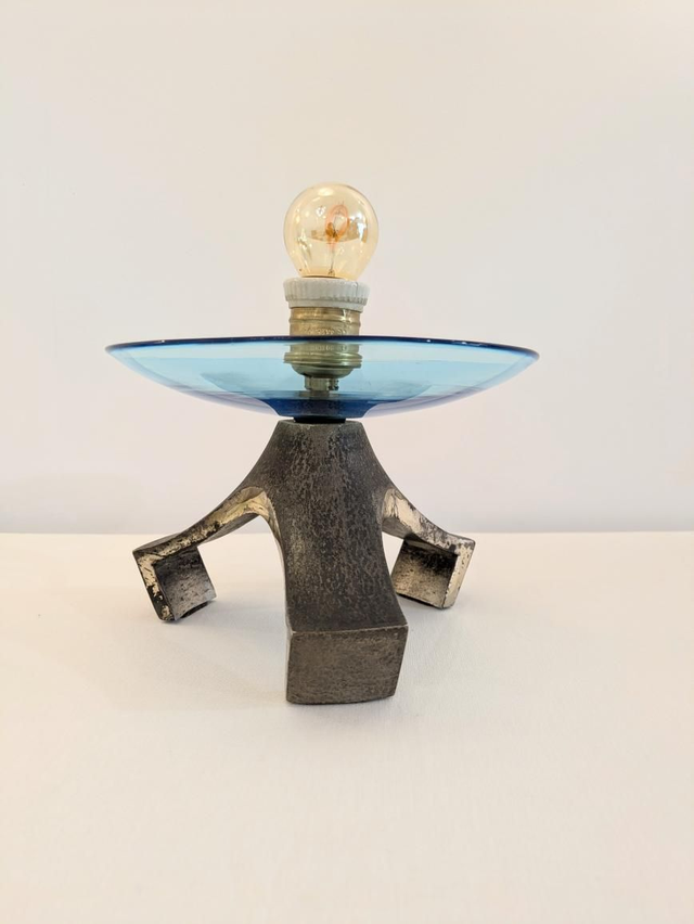 Pair of blue Murano glass table lamp and silvered cast iron base, Italy, 1970's