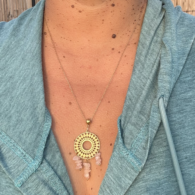 Collier attrape rêve acier inoxydable doré &amp; quartz rose