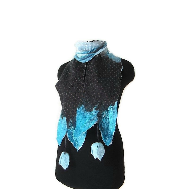 Sciarpa lana merino seta infeltrita fiori tulipani Sciarpa Fatto a mano Blu nero lunga donna regali unici donne regalo ragazza