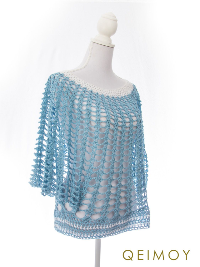 Gehaakt lichtblauw zomertruitje - handgemaakt, tuniek, dameskleding, open structuur, strandkleding
