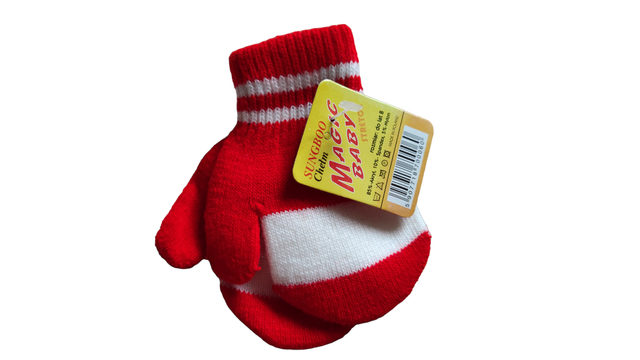 Moufles rouge et blanc avec cordon  (Magic Baby)