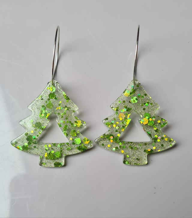 Earrings Christmas tree shape transparent green glitter hoops