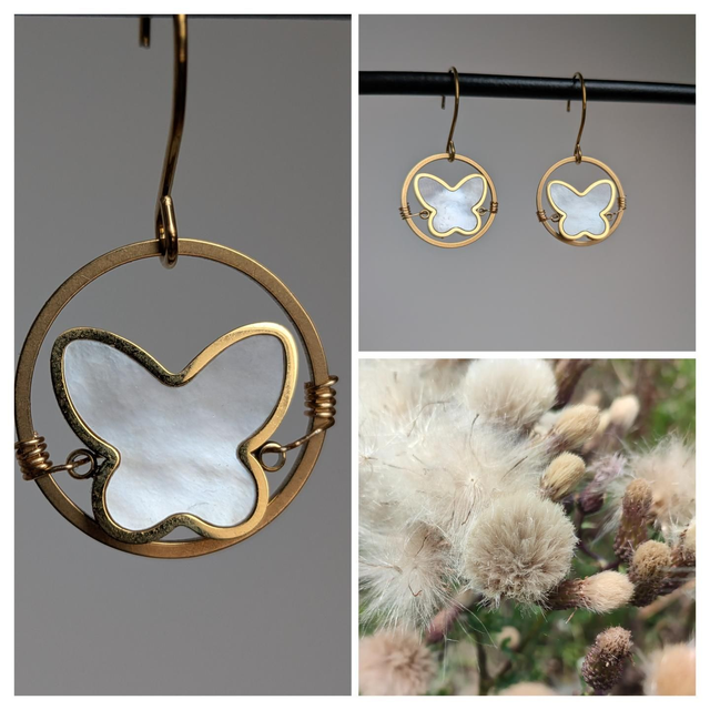 Boucles en nacre " papillon 🦋"cercle et fermoirs en acier inoxydable doré -sans nickel, pièce unique 
