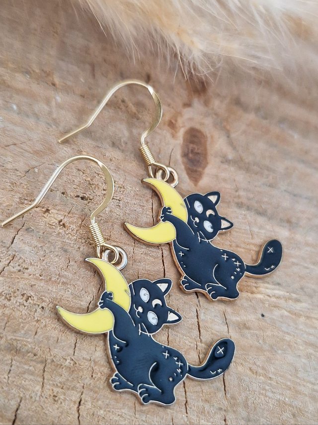 Boucles d'oreilles "Chats et lunes jaunes"