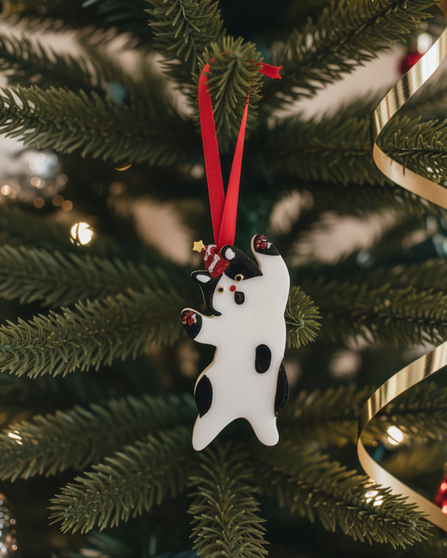 Handmade Climbing Cat Ornament | Black and White Christmas Decoration for Cat Lovers 