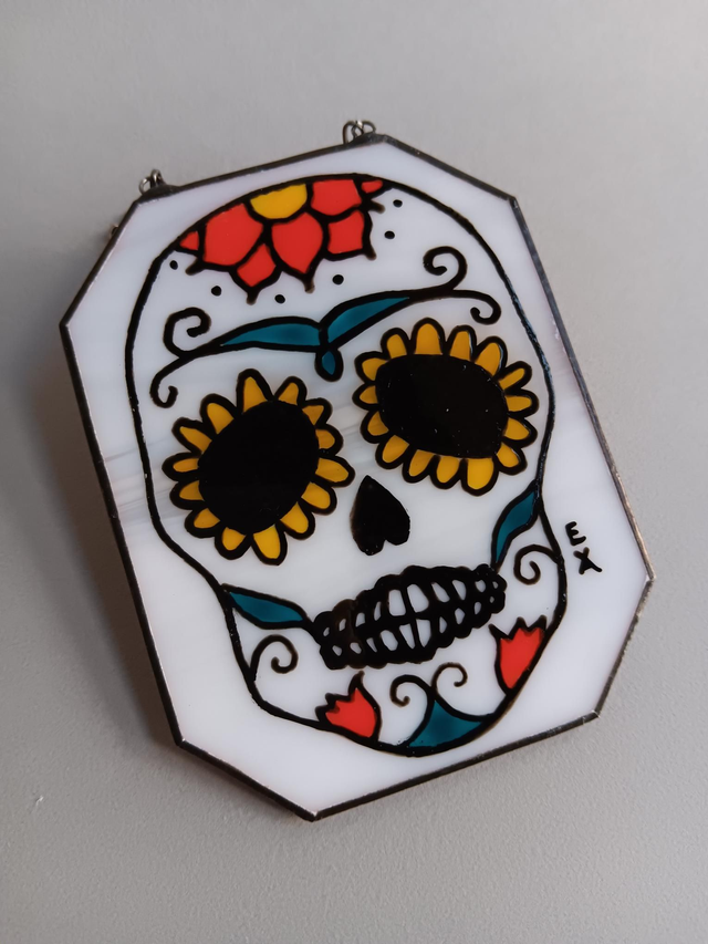 Stained glass Day of the Dead skulls