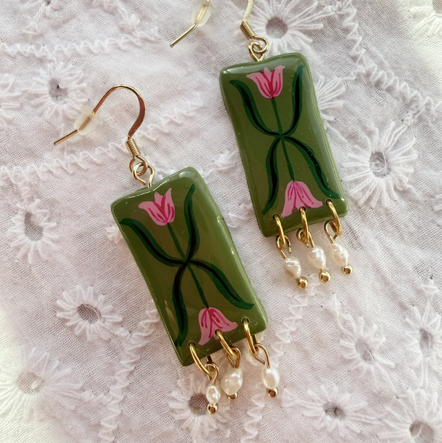 Pink Tulip Olive Green Rice Pearl Drop Earrings