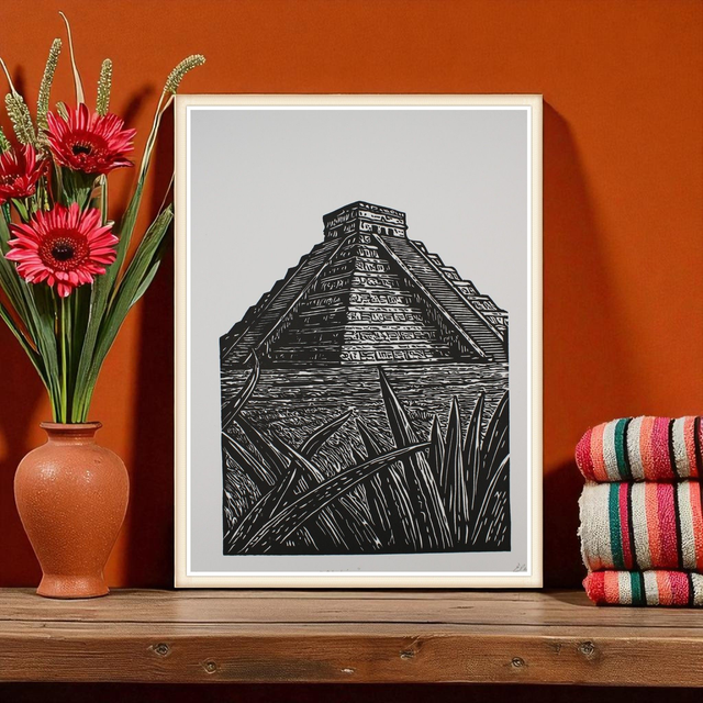 Linogravure Monument Maya "Chichen"