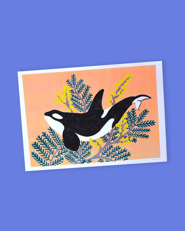 Affiche imprimée en risographie L'orque aux mimosas