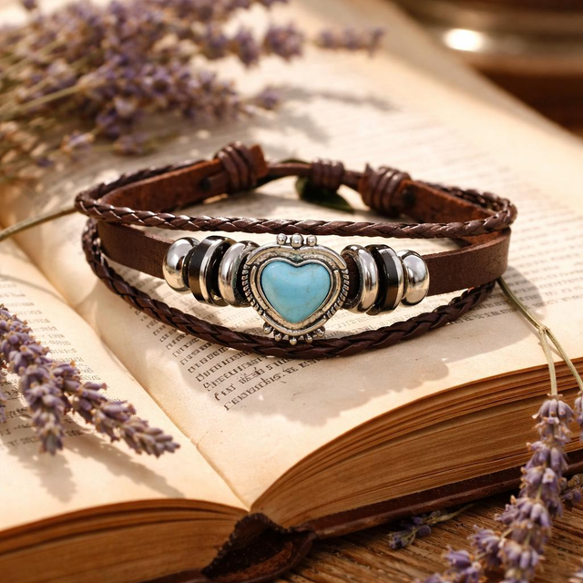 "Coeur turquoise" - Bracelet en cuir - BC-009
