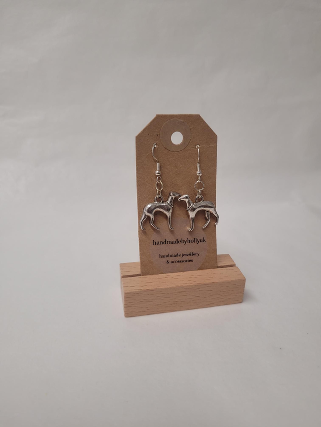 Greyhound Charm Drop Earrings - Silver Plated - HBH-026
