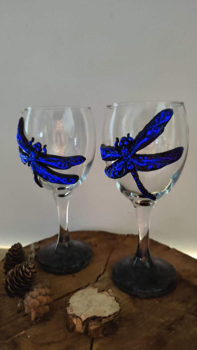 Duo de Verres à vin Libellule phosphorescentes bleu nuit