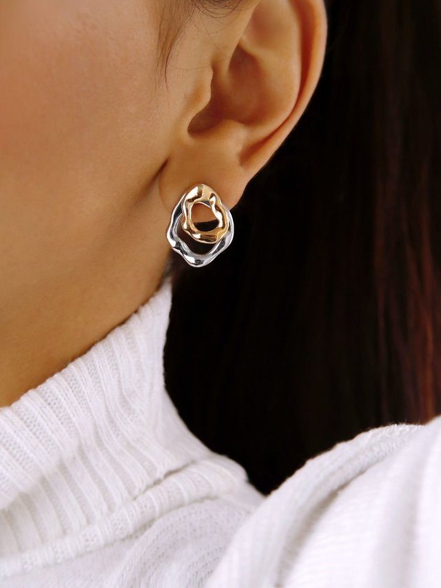 Brinco orgânico banhado em ródio branco e ouro 18k liso polido - mix de banhos