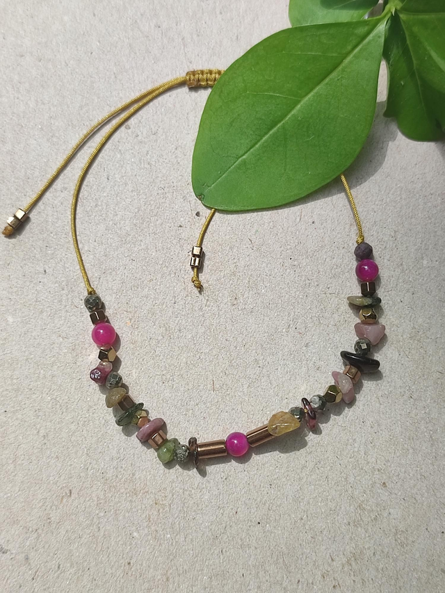 Bracelet tourmaline, agate rose &amp; hématite doré ( pierres naturelles)réglable sur fil de jade 