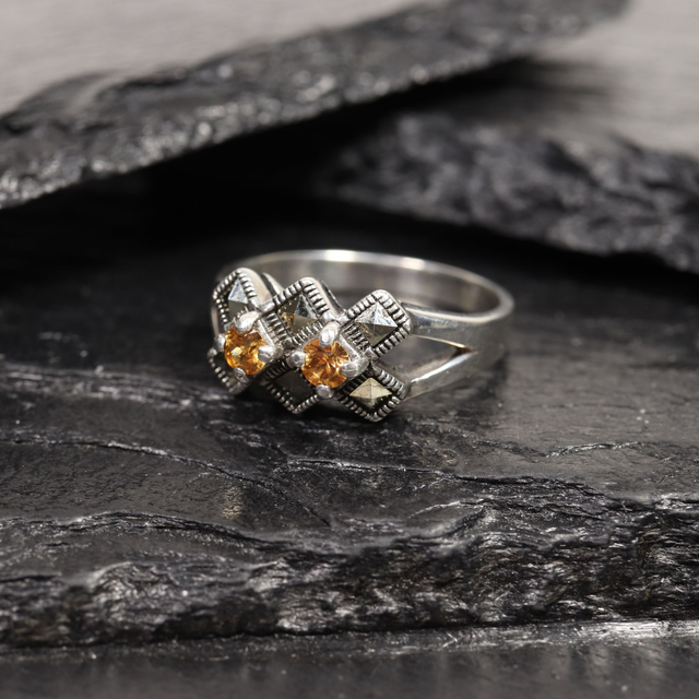 Art Deco Style Sterling Silver 925 Orange Round Cut Spessartine Garnet Marcasite January Birthstone Natural Gemstone Design Ring Size O - 7