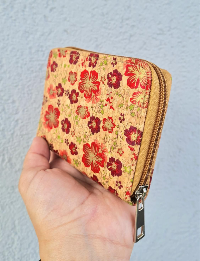 Petit porte-monnaie en liège imprimé fleurs brillantes avec fermeture zip