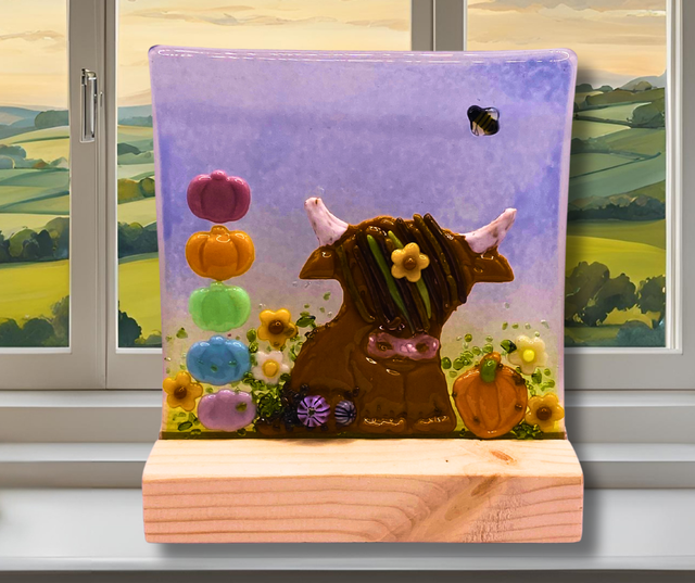 14.09.25 @ 1pm.  Fused glass highland cow picture @ Unconditional Love, Cleckheaton