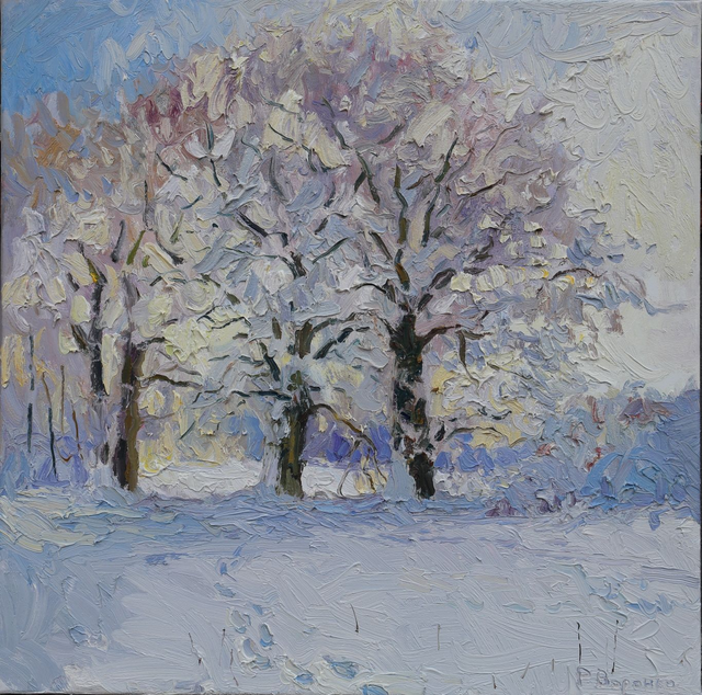  „Flüstern der schneebedeckten Eichen“  Öl auf Leinwand, 80×80 cm. 2025
