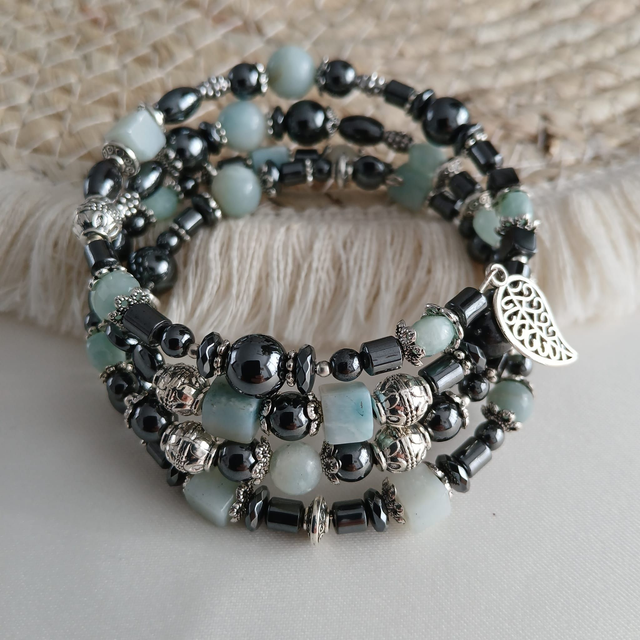 Dames wikkelarmband met Amazoniet, Jadeiet en Hematiet - rvs met bedel (1.303)