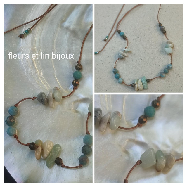 Bracelet amazonite et apatite aux reflets bleus ( pierres naturelles) réglable monté sur fil de jade résistant 