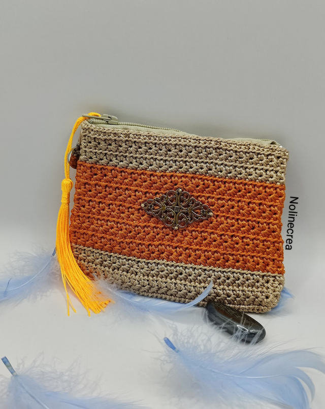 Porte monnaie au crochet orange et beige, accessoire sac à main, porte carte