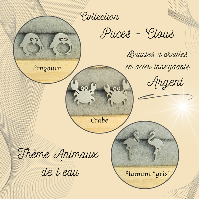 Clous d&#039;oreilles - Thème Animaux de l&#039;eau - Acier Argent