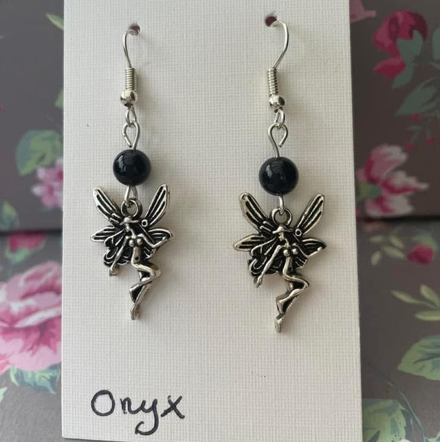 Onyx fairies on silver plated ear hooks 