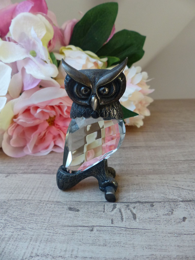 Figurine de Collection Sculpture de  Chouette Hibou en Cristal et Bronze sur Branche Vintage 1980