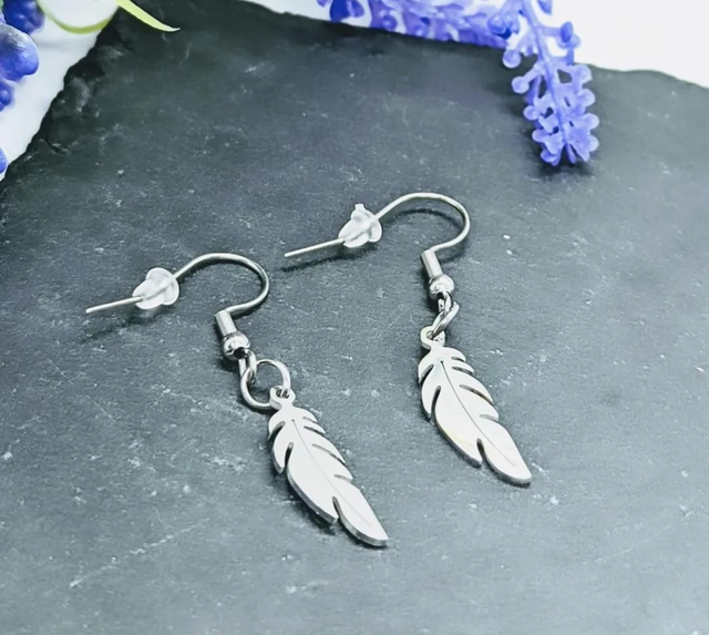 Stainless Steel Feather Drop Earrings 