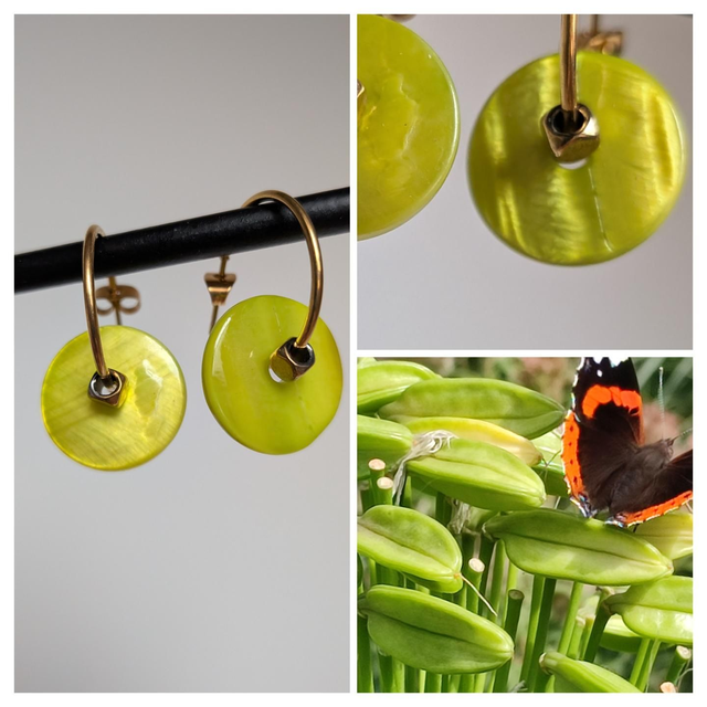 Créoles nacre vert anis en acier inoxydable doré -sans nickel, pièce unique 