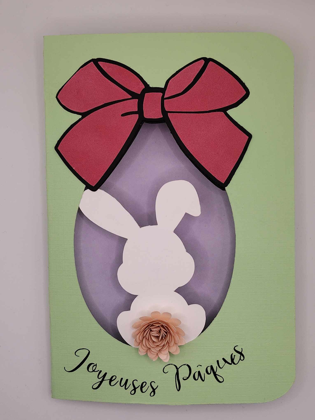 Carte artisanale de Pâques – Lapin 3D, Nœud et Fleur en Papier, Fait Main