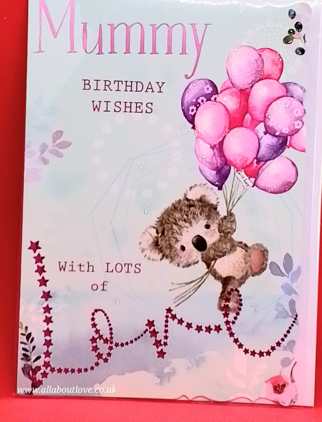 Mummy Birthday Card Bear and Ballons Design 