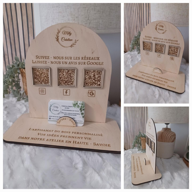 Présentoir en bois personnalisable avec 1/2/3 QR Codes – Réseaux sociaux &amp; Avis Google