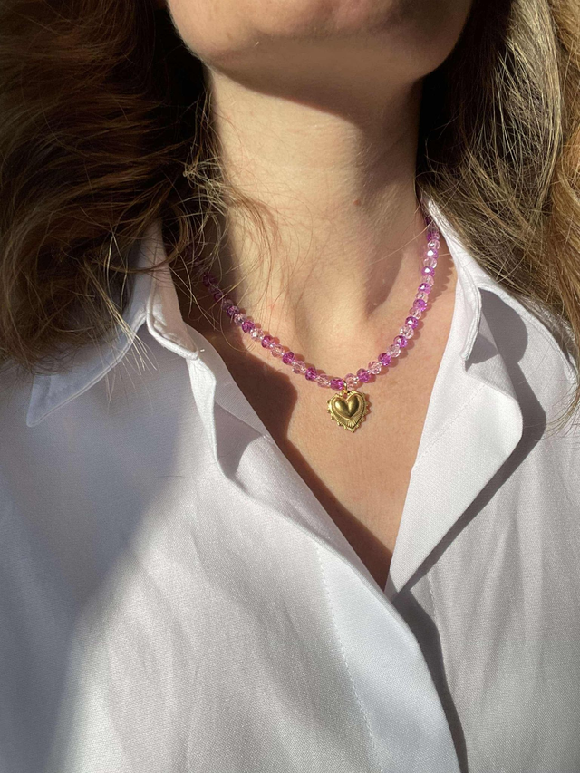 Clémence Collier perles en verre fushia et rose