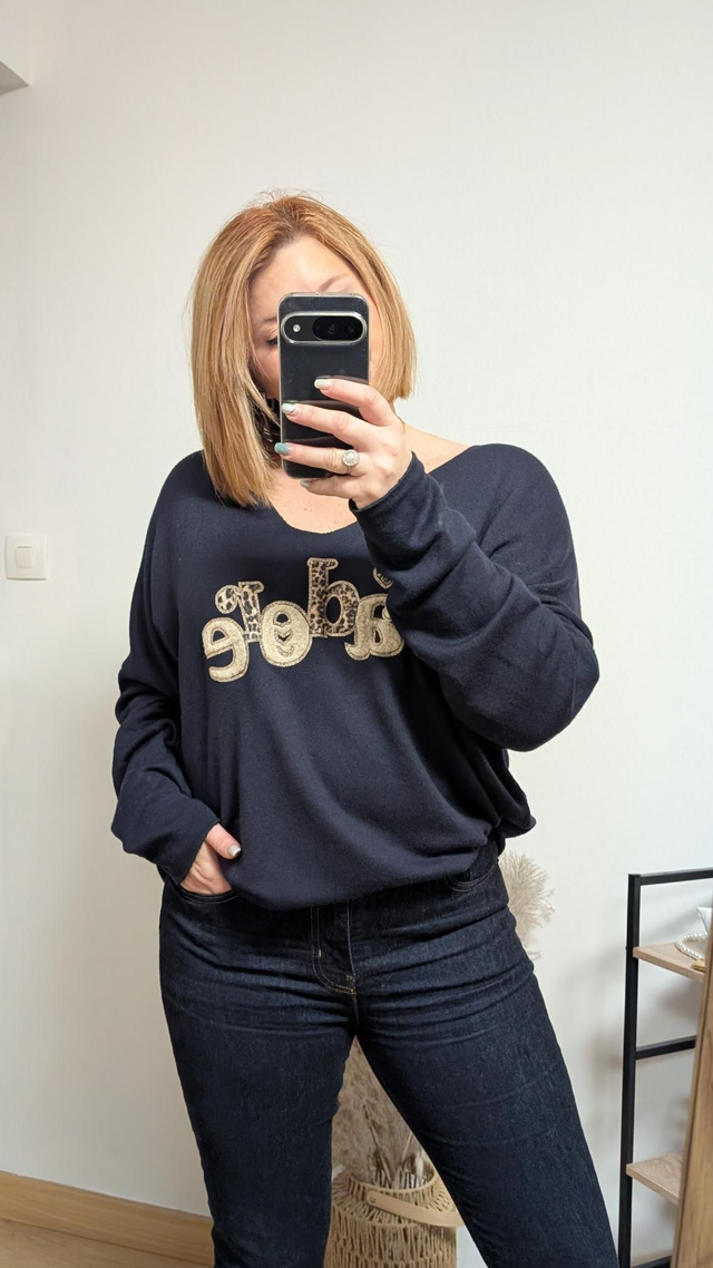 Ref P006 pull j'adore bleu marine TU 36/44