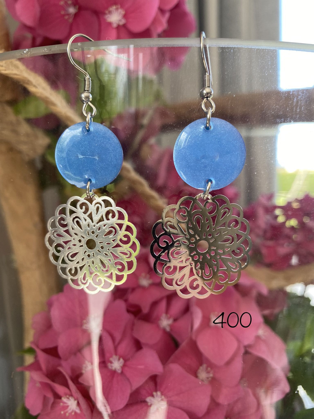 💙Boucles d’Oreilles Argentées &amp; Résine Bleue – Réf. 400