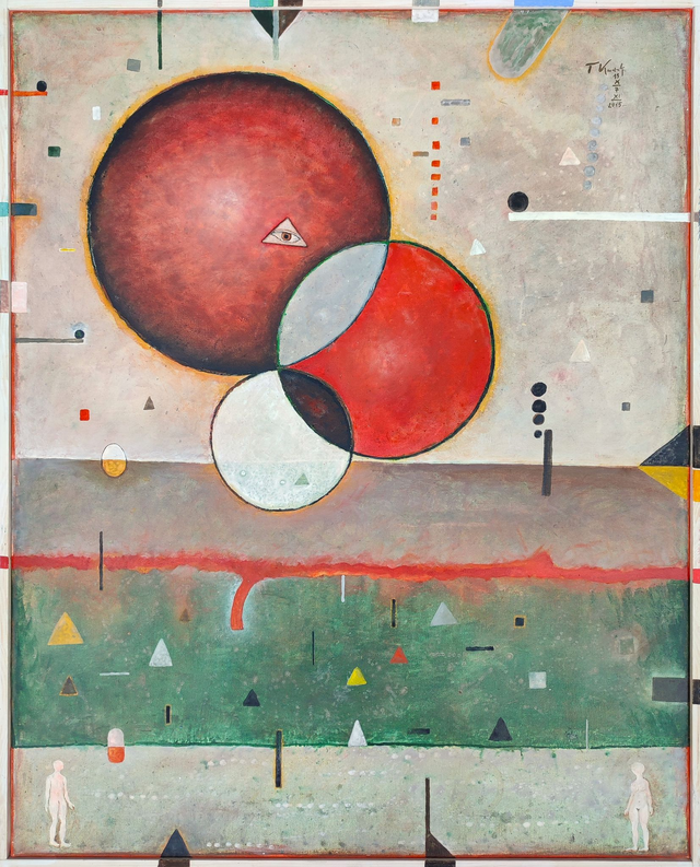 Trzy planety, 83x67 olej akryl płótno 2015