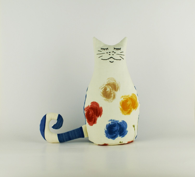 Cat Doorstop Hand Embroidered Retro Floral Fabric; Handmade Cat Bookend, Made in UK