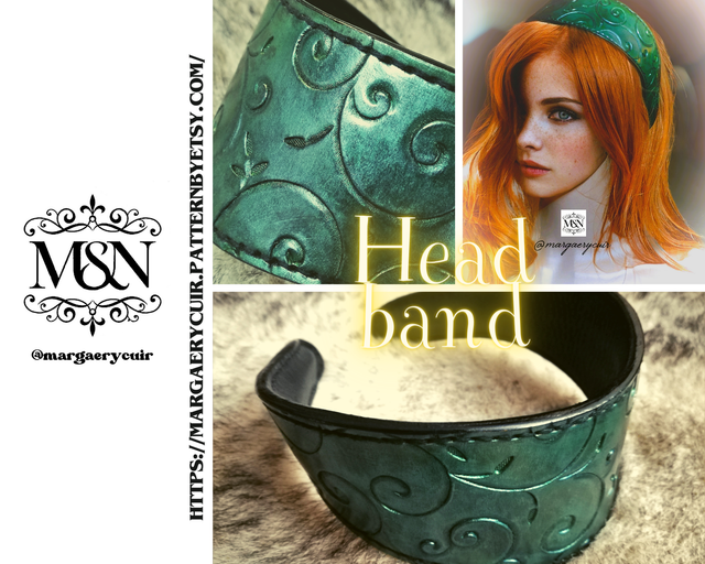 Bandeau en cuir repoussé féérique vert bleuté