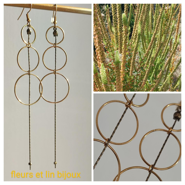 Z- Boucles d&#039;oreilles longues cercles en acier inoxydable doré et chaîne en bronze. Fermoirs en acier inoxydable doré -sans nickel 