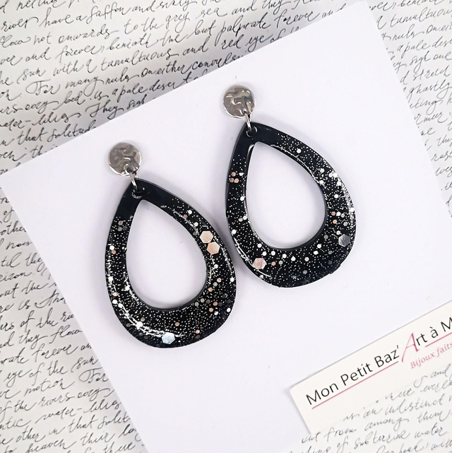 Boucles d'oreilles Gouttes V4 Noir argent Precious'Black 