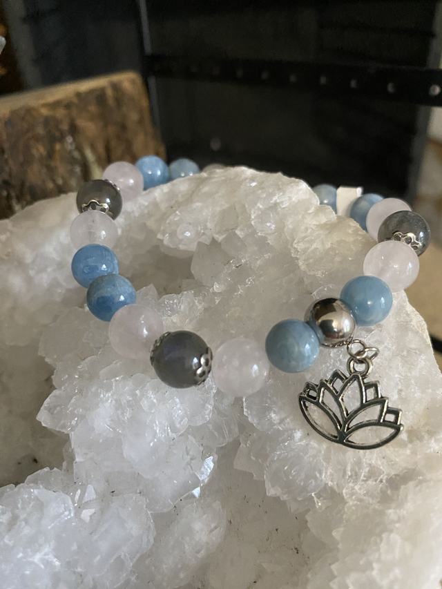 Bracelet perles 8mm Quartz Rose, Aquamarine et Labradorite