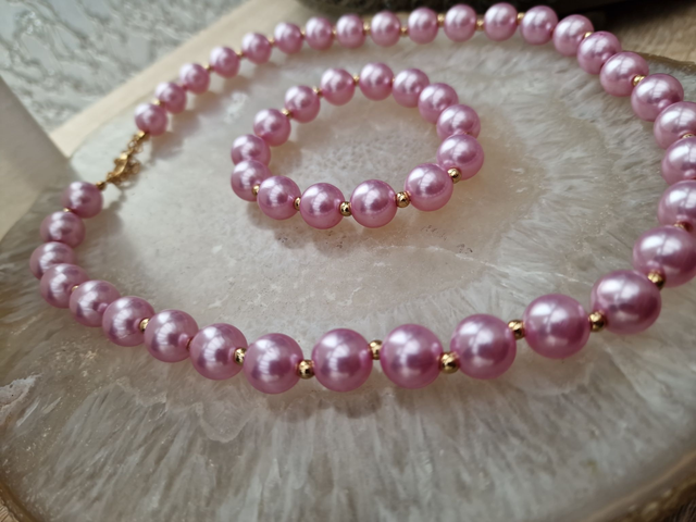 Parure Collier Bracelet De Perles Rose Lila Doré