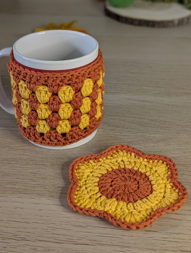 Couvre tasse automnale et sous tasse assortie ,cosy mug, inspiration 70's