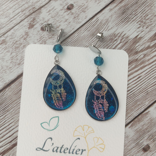 Boucles &quot;Lola&quot; bleu attrape-rêves acier inoxydable