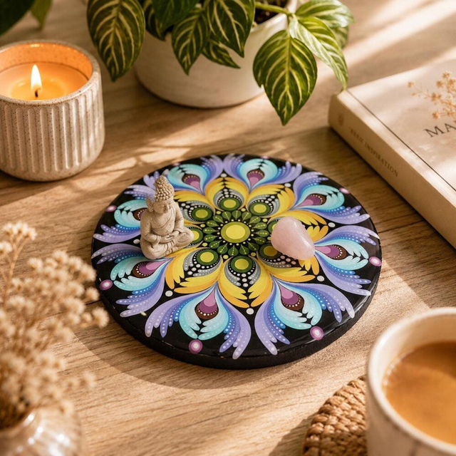 Plateau rond en bois mandala – Résine époxy – Peint à la main