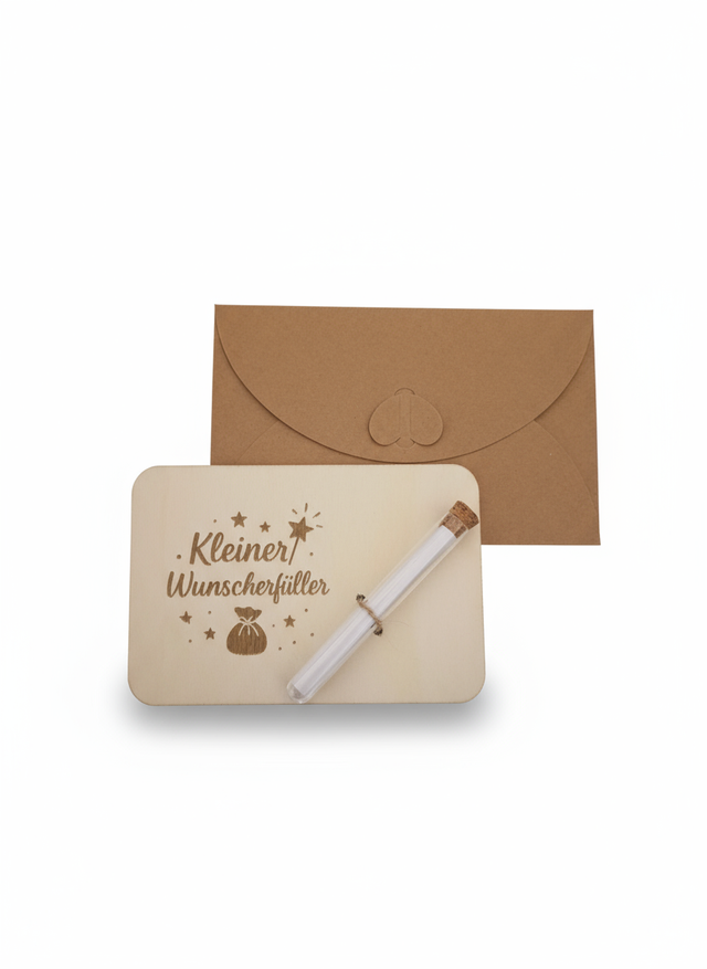 Kleiner Wunscherfüller – Liebevoll handgefertigte Karte aus Sperrholz mit Reagenzglas