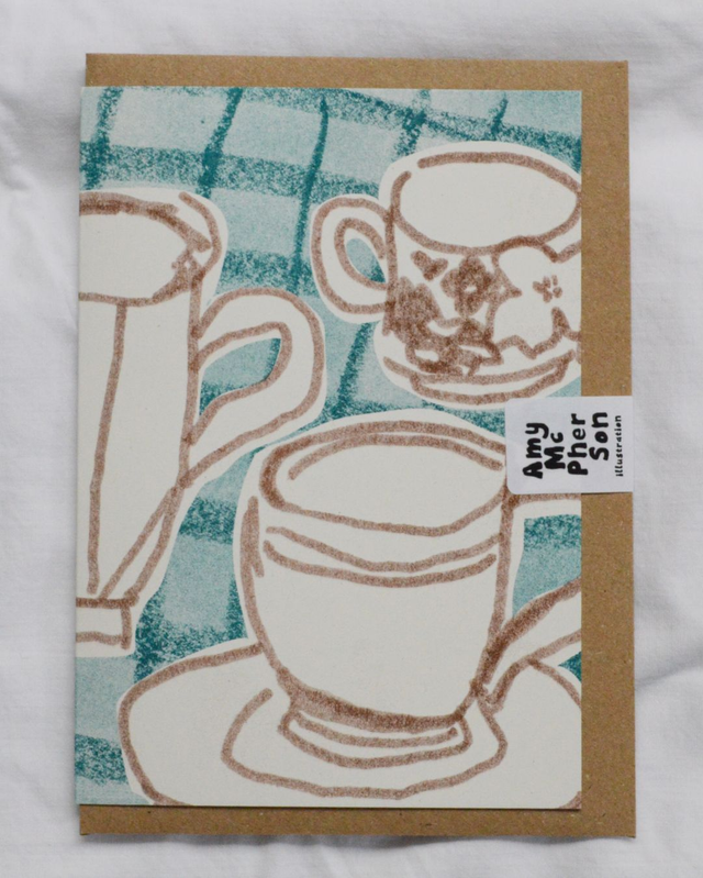 A6 Risograph Greeting Card, Teacups